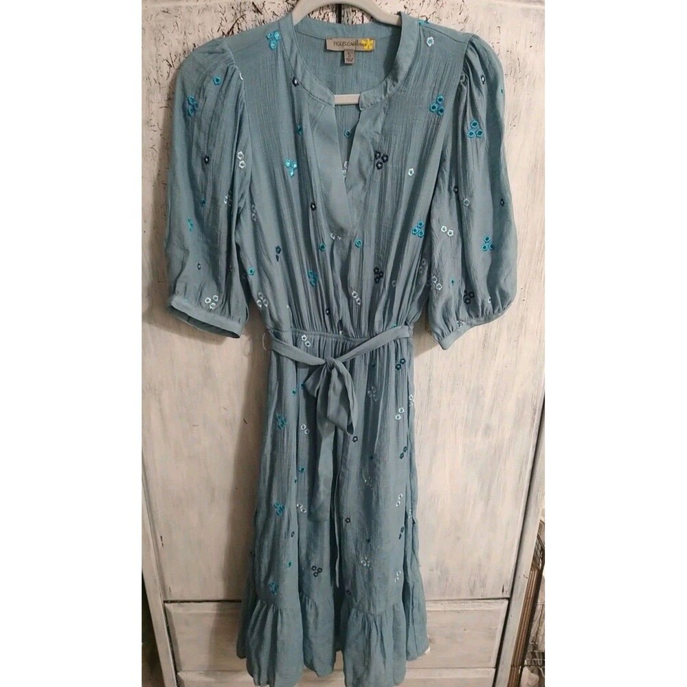 Figueroa & Flower Puff Sleeve Embroider Maxi Dress Blu Lrg Boho Feminine Cottage